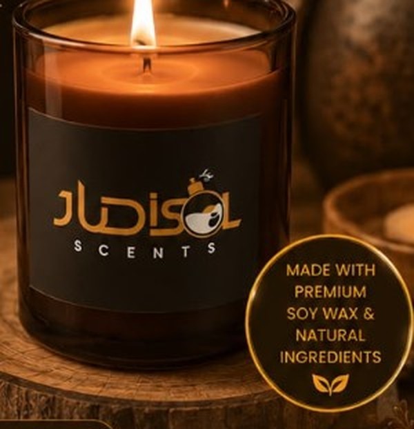 Lit Judisol candle on wood
