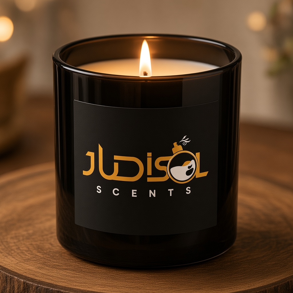 A lit black Judisol jar candle