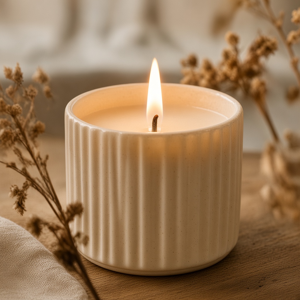A lit ribbed cream candle